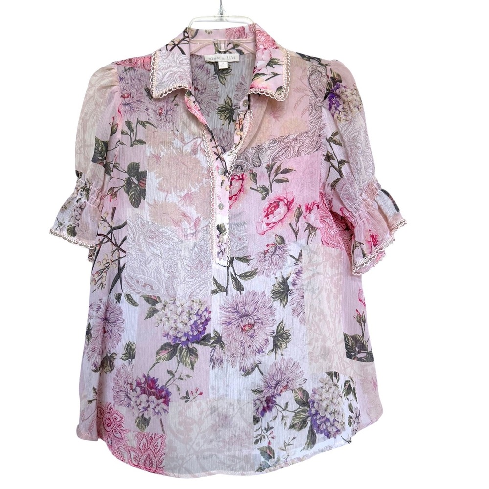 Alex & Lili Pink Floral Patchwork Chiffon Blouse Crochet Lace Trim M Short Sleev